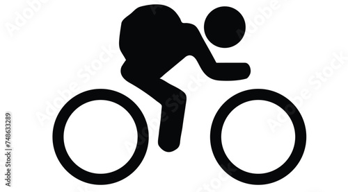 Vector isolated bicycle icon. Bike silhouette symbol with rider on road sign.