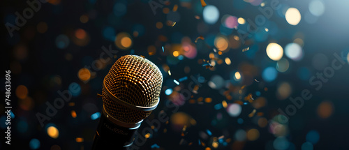 Close up of modern microphone on blurred, glowing, illuminating, background with golden confetti. Karaoke poster or flyer with copy space. Generative ai.