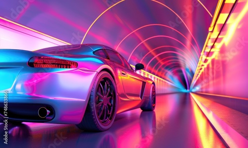 A sleek concept car driving through a colorful tunnel © piai