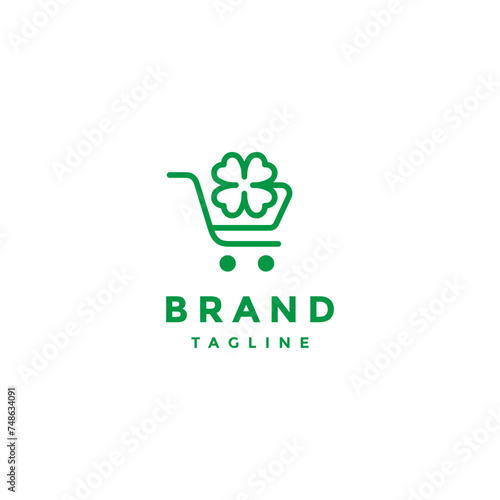 Simple Clover Cart Line Logo Design. Simple Clover Shopping Cart Logo Design.