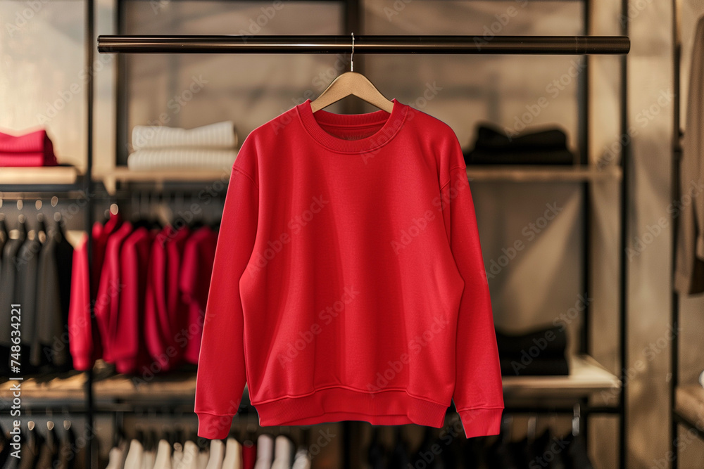 Mockup of red cotton sweatshirt on coat rack on luxury retail space background Mockup of red cotton sweatshirt on coat rack on luxury retail space background