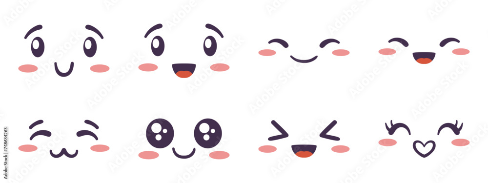 Kawaii face expressing emotion and mood collection. Flat hand drawn vector illustrations set in comic manga or anime style. Kawaii face expressing emotion and mood collection. Flat hand drawn vector illustrations set in comic manga or anime style.