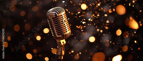 Close up of modern microphone on blurred, glowing, illuminating, background with golden confetti. Karaoke poster or flyer with copy space. Generative ai.