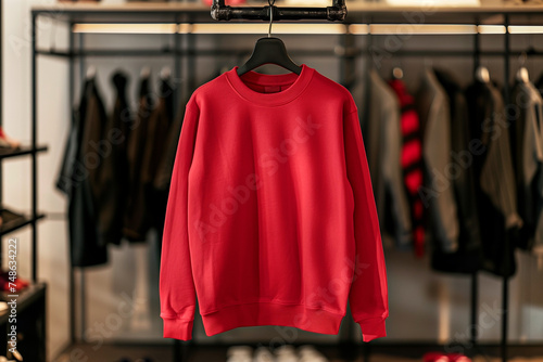 Mockup of red cotton sweatshirt on coat rack on luxury retail space background