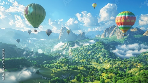 _Hot_air_balloons_flying_over_the_valley._3D_render