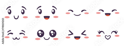Kawaii face expressing emotion and mood collection. Flat hand drawn vector illustrations set in comic manga or anime style.