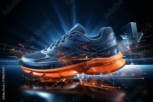 futuristic holographic display of sports sneakers with neon lighting against a navy blue backdrop