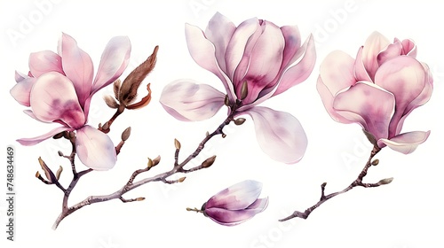 Fototapeta Naklejka Na Ścianę i Meble -  Magnolia flower arrangement watercolor painted illustration set. Hand drawn lush spring bud and blossom in the full bloom. Magnolia paint charming lush flowers isolated on white. Generative Ai
