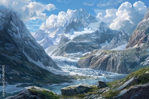 Glacier winding its way through a rugged mountain landscape, with icy peaks towering overhead and a sense of awe-inspiring beauty all around. 