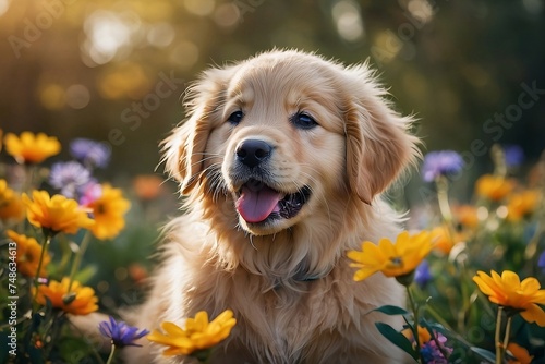 A fluffy golden retriever puppy with a vibrant bouquet of flowers in its mouth, set against a dreamy bokeh background.