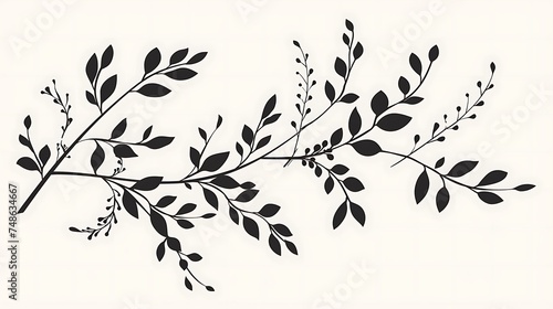 Minimal feminine botanical floral branch in silhouette style. Hand drawn wedding herb, minimalistic flowers with elegant leaves. Botanical rustic trendy greenery. Generative Ai