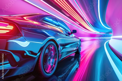 A sleek concept car driving through a colorful tunnel