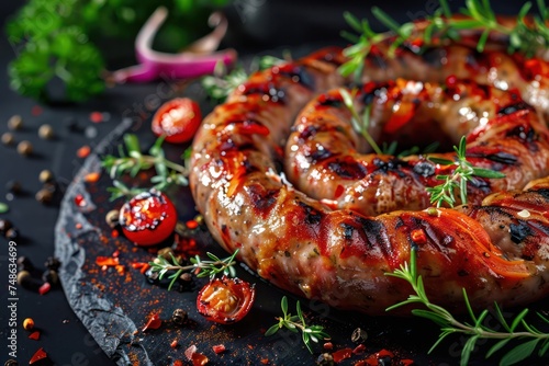 Grilled sausage with the addition of herbs and vegetables on the dark background. Grilling food, barbecue