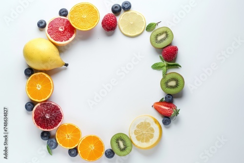 Healthy fruits arranged in a round composition on white background 
