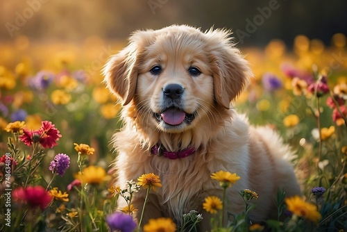 A fluffy golden retriever puppy in vibrant flowers background.