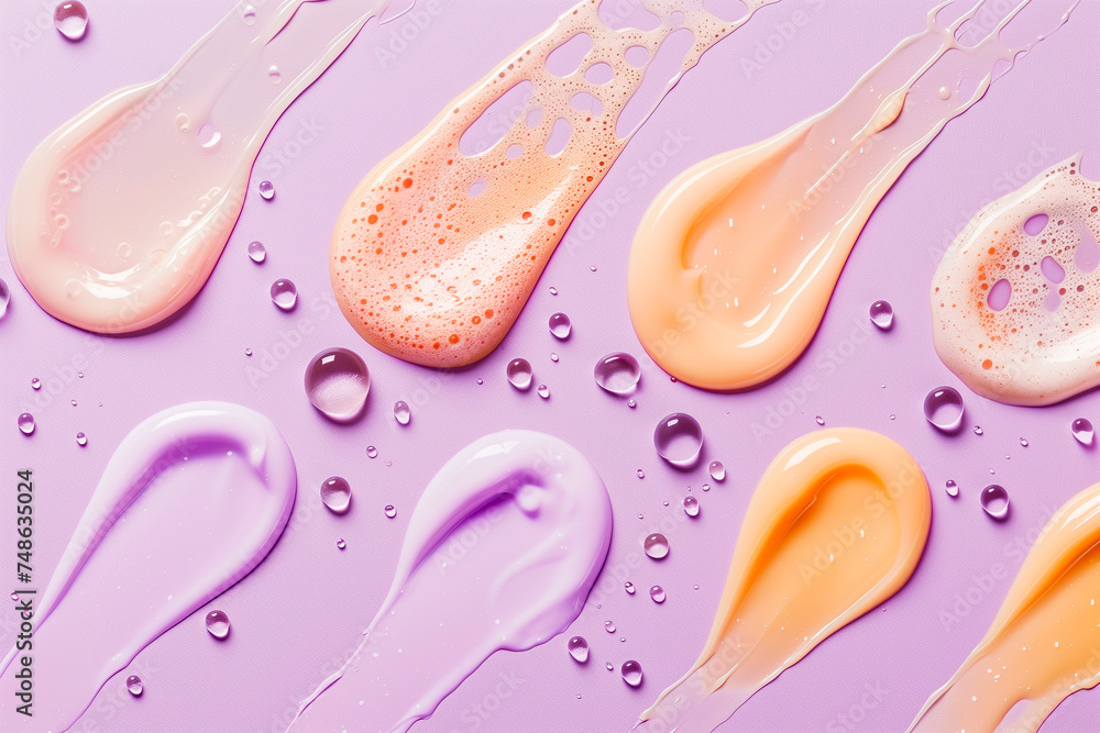 Fototapeta premium Different texture cosmetic smear cream gel serum texture liquid serum swatches