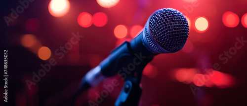Close up of modern microphone on blurred, glowing, illuminating, background with bokeh. Recording music session concept. Copy space. Generative ai.