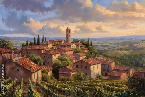 Hilltop village in Tuscany  with terracotta rooftops  vineyards stretching to the horizon  and the soft glow of the setting sun. 