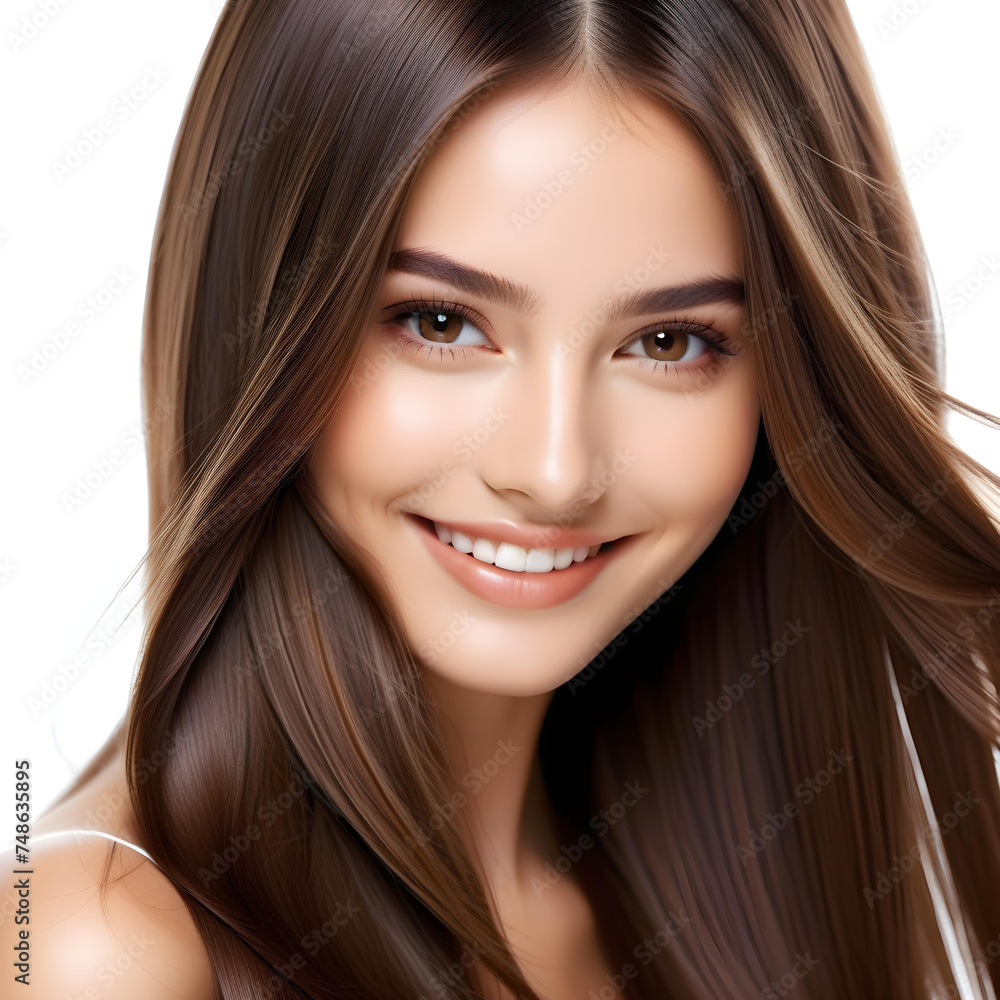 Smiling model woman with shiny brown smooth healthy hair with long straight and shining natural beauty smooth skin. For care and hair products. white background Smiling model woman with shiny brown smooth healthy hair with long straight and shining natural beauty smooth skin. For care and hair products. white background