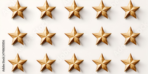 Gold stars isolated on a pristine white surface .Pristine White Background with Glittering Gold Stars.