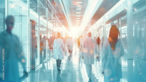 Doctors and nurses walking in hospital with blurred motion.
