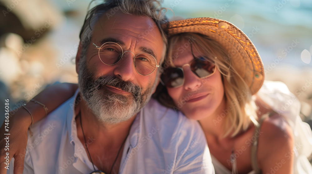 Close up portrait of retired family couple relaxing on the beach, taking selfie. Beautiful middle aged or senior loving couple enjoying life. Retirement holiday, adventure and romantic trip in nature