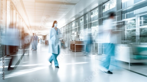 doctors and nurses walking in hospital with blurred motion. 