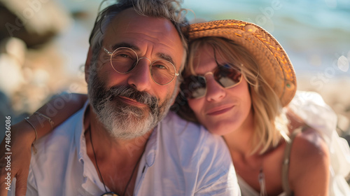 Close up portrait of retired family couple relaxing on the beach, taking selfie. Beautiful middle aged or senior loving couple enjoying life. Retirement holiday, adventure and romantic trip in nature © domaskina
