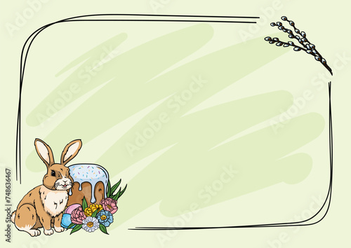 Bright Easter background for postcard and presentation with frame, bunny, Easter cake, eggs, flowers and pussy willow.