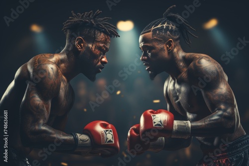 Two professional boxers facing off in the ring, each determined to claim victory in front of a packed stadium.The intense atmosphere is heightened by the glare of the bright lights, casting dramatic s © anwel