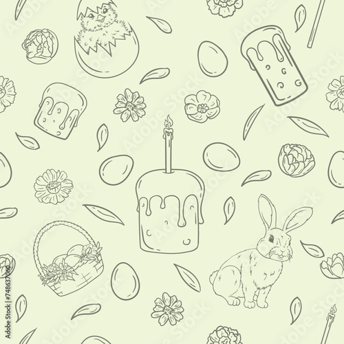 Contour seamless Easter pattern for gift paper with Easter cakes, eggs, flowers, hare, chicken in shell and pussy willow
