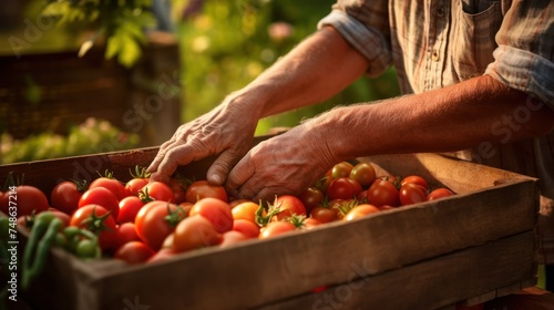 farmer putting tomatoes in wooden box. 