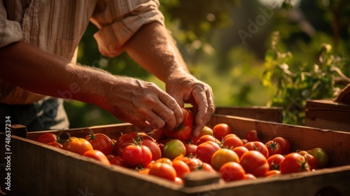 farmer putting tomatoes in wooden box. 