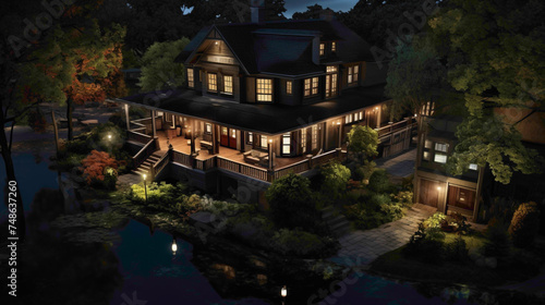 A tranquil evening scene unfolds from a bird s-eye view  showcasing the refined beauty of a traditional craftsman house in deep mahogany hues under the moonlight.