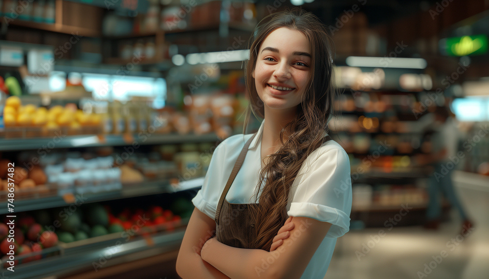 beautiful supermarket worker standing in grocery aisle