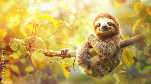 Funny Smiling Sloth on a branch  photo