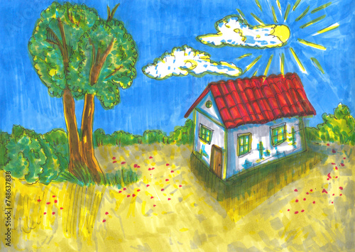 Rural House. Landscape. Abstract Illustration. Marker illustration.