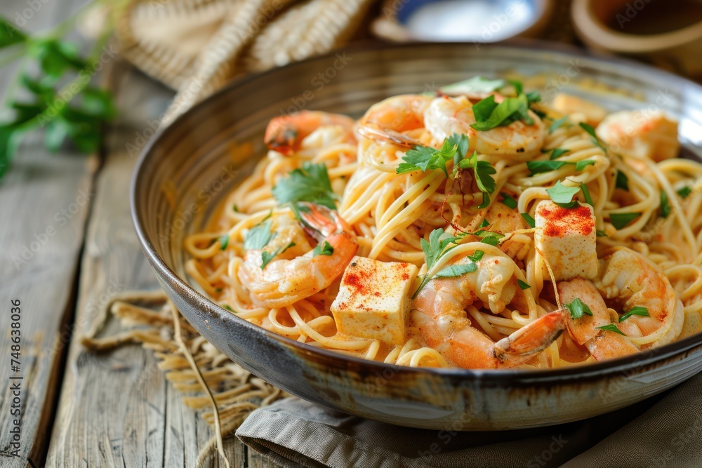 Image of Creamy Laksa sause tossed with spaghetti, topped with prawn & fried bean curd with wooden table Image of Creamy Laksa sause tossed with spaghetti, topped with prawn & fried bean curd with wooden table