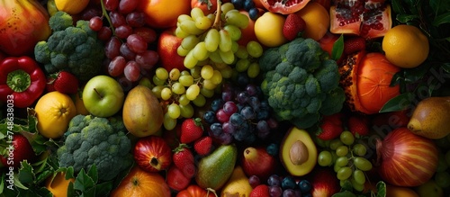 Assorted of colorful fresh fruits and vegetables texture background. Generated AI image photo