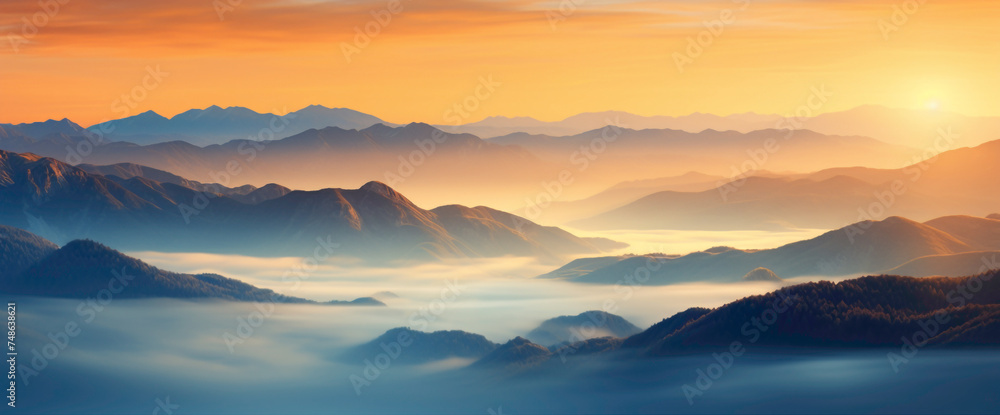 Breathtaking gradient mountain range bathed in golden sunlight, presenting the cutest and most beautiful alpine panorama.