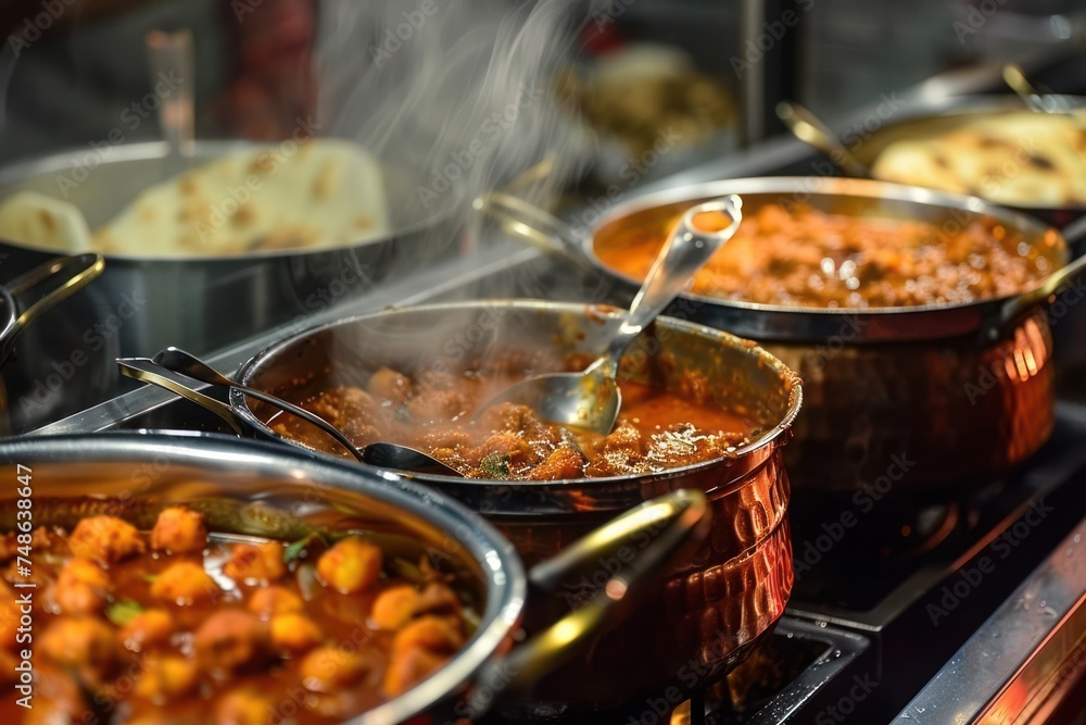 Curry house in a vibrant Indian market, with pots of fragrant curry bubbling away and naan bread baking in a tandoori oven. Curry house in a vibrant Indian market, with pots of fragrant curry bubbling away and naan bread baking in a tandoori oven.