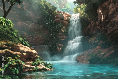 Waterfall cascading down rugged cliffs into a crystal-clear pool below, surrounded by lush greenery and mist rising into the air.