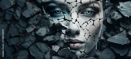 Surreal female face emerging from shattered rock fragments photo