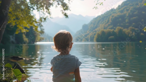 Cute little child sitting on the bank of a beautiful lake.