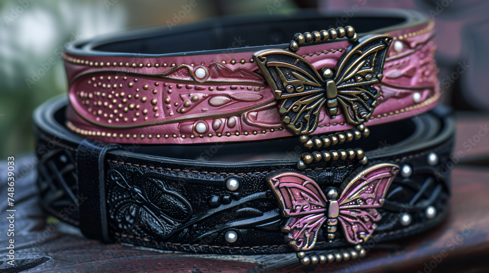 Two womens belts pink and black with beautiful butterfly