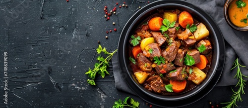 Delicious beef stew with potatoes with carrots black plate isolated background. Generated AI image