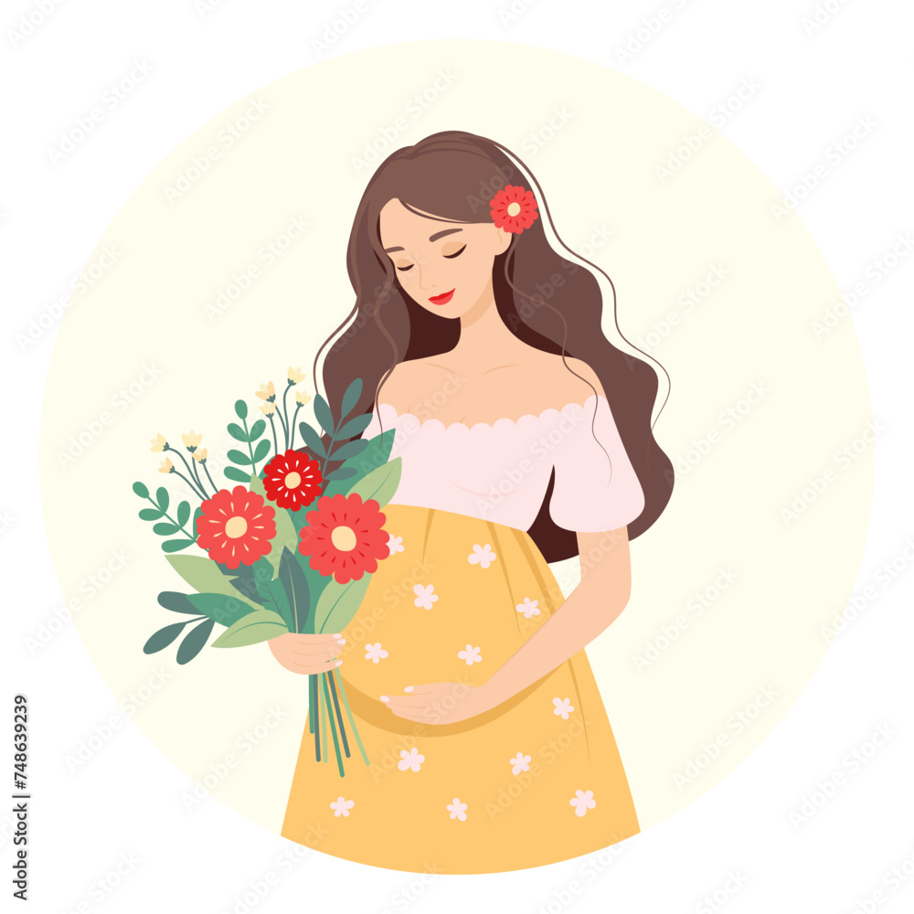 Pregnant happy beautiful woman with a large bouquet of flowers. Concept of pregnancy and motherhood. Waiting for a miracle Pregnant happy beautiful woman with a large bouquet of flowers. Concept of pregnancy and motherhood. Waiting for a miracle