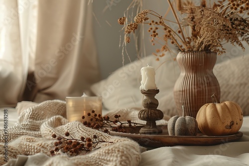 Close-up of autumnal home decor featuring muted colors, creating a holiday-themed photorealistic aesthetic backdrop.