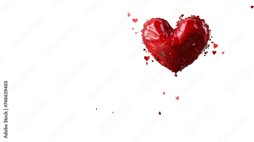 A red heart-shaped balloon popping with confetti. Abstract isolated on transparent background, png file.