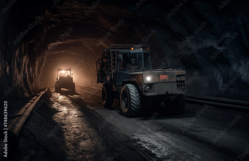 Coal mining. Underground Mining Loader in mine. Heavy machinery for Underground mining. Coal mining in mine. Underground Wheel Loader in mine. Gold mine drilling. salt mining and potash fertilizers - obrazy, fototapety, plakaty 